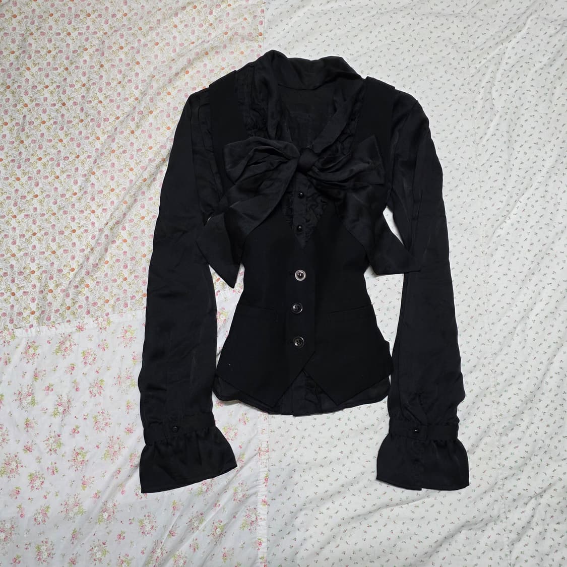 빈티지 블랙 공겜여주 고딕 베스트 리본 블라우스 세트 고스 리즈리사깔 상품이미지1