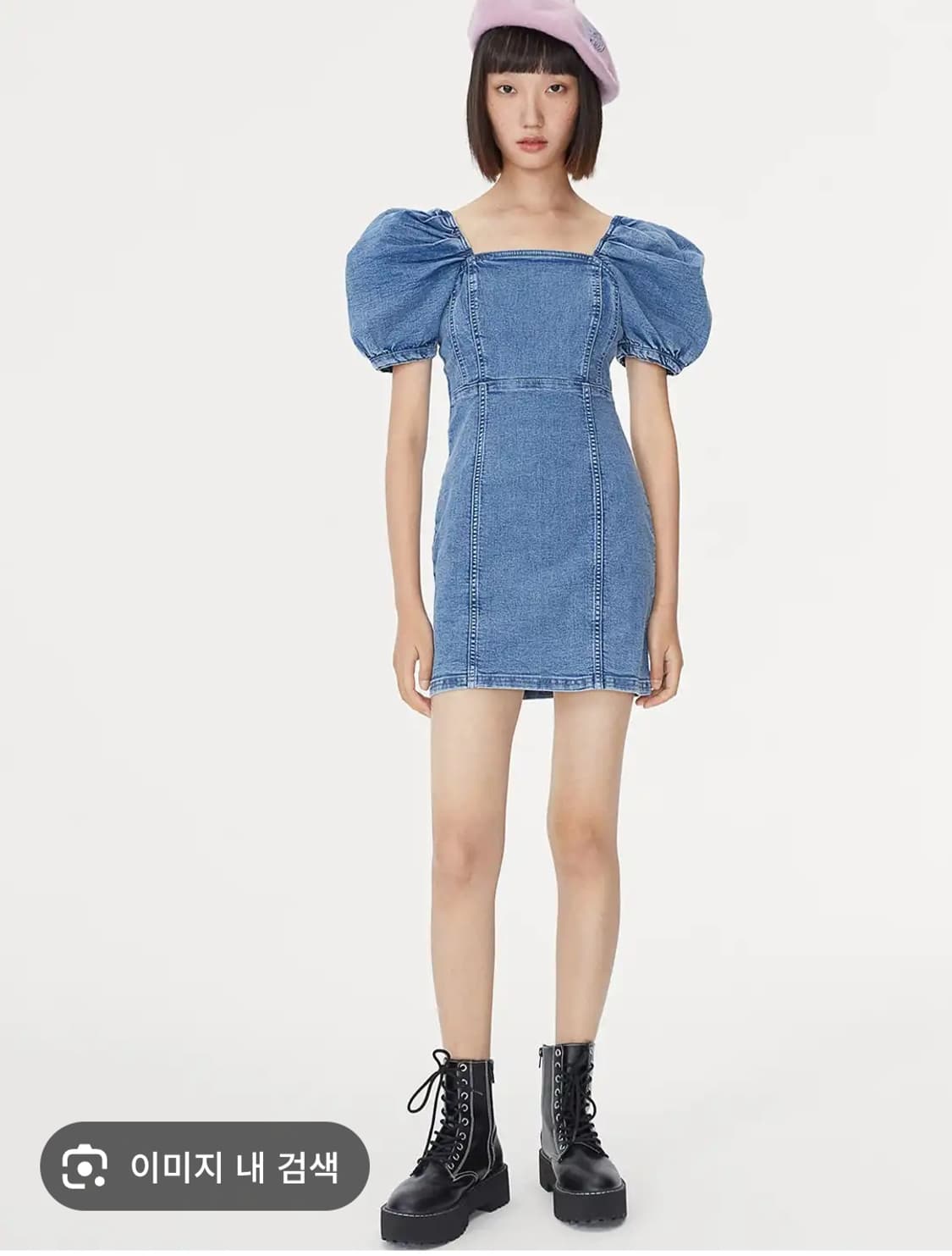 55~66)H&M 퍼프 데님 미니원피스  스퀘어넥 슬림핏 상품이미지1