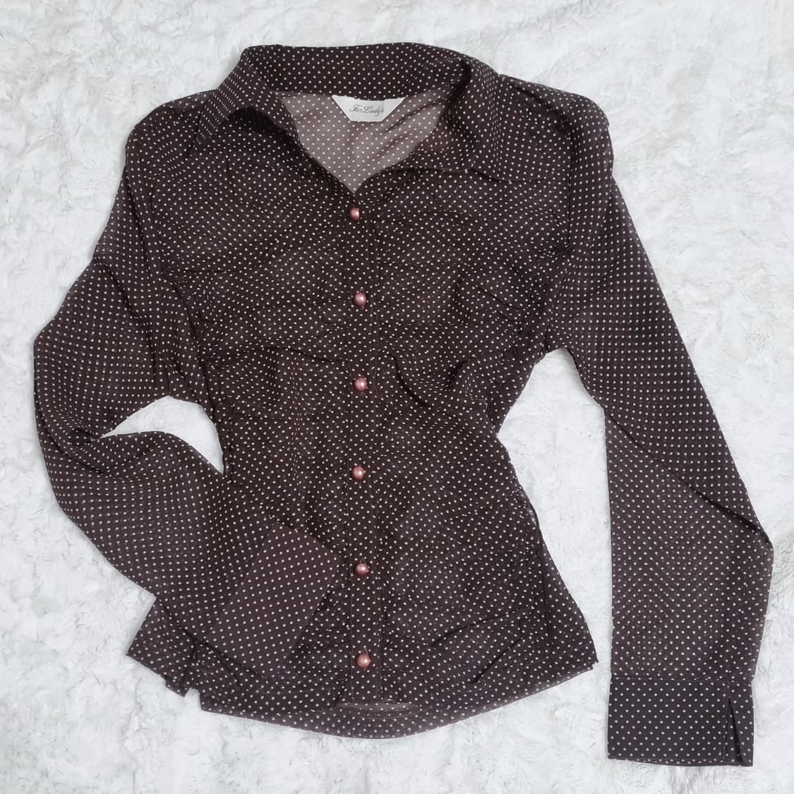 일본 빈티지 도트 블라우스 브라운 셔츠 긴팔 상품이미지1