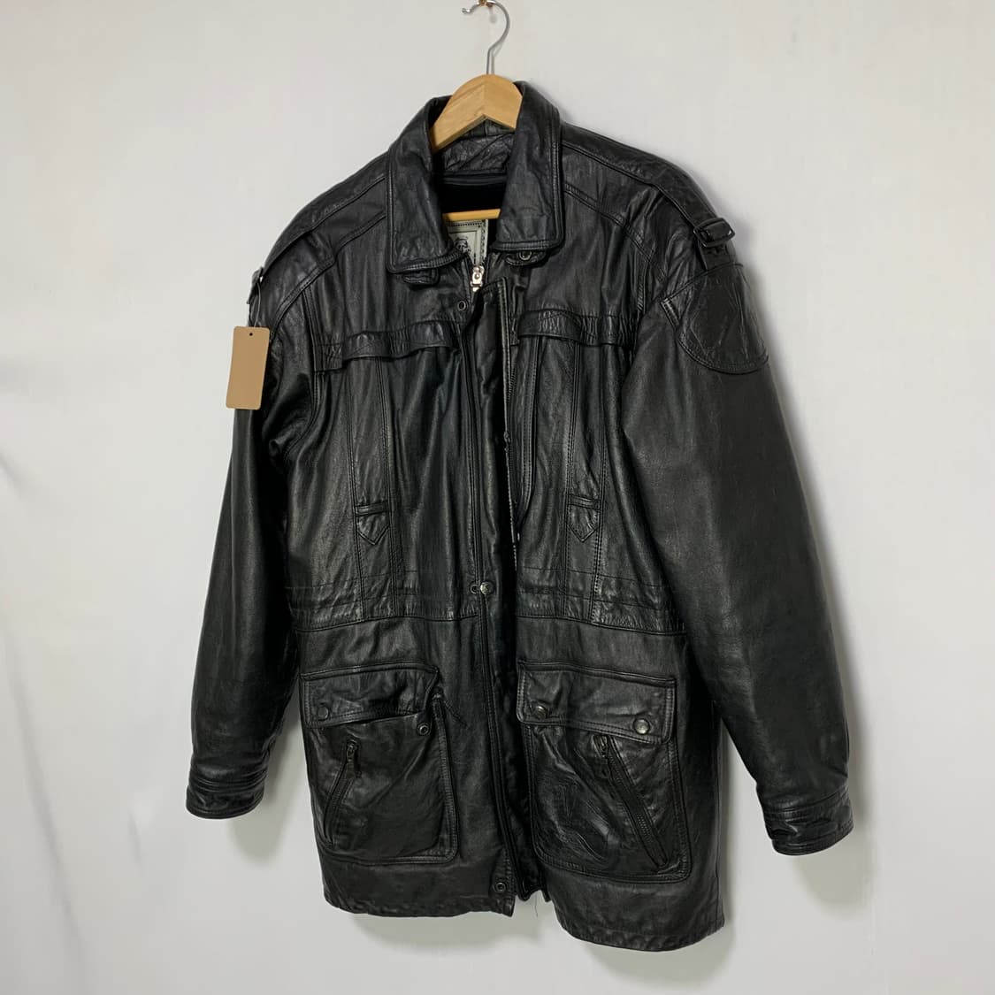 빈티지 지퍼 벨트 디테일 블랙 소가죽 자켓 하프코트 리얼레더 남성 M 상품이미지2