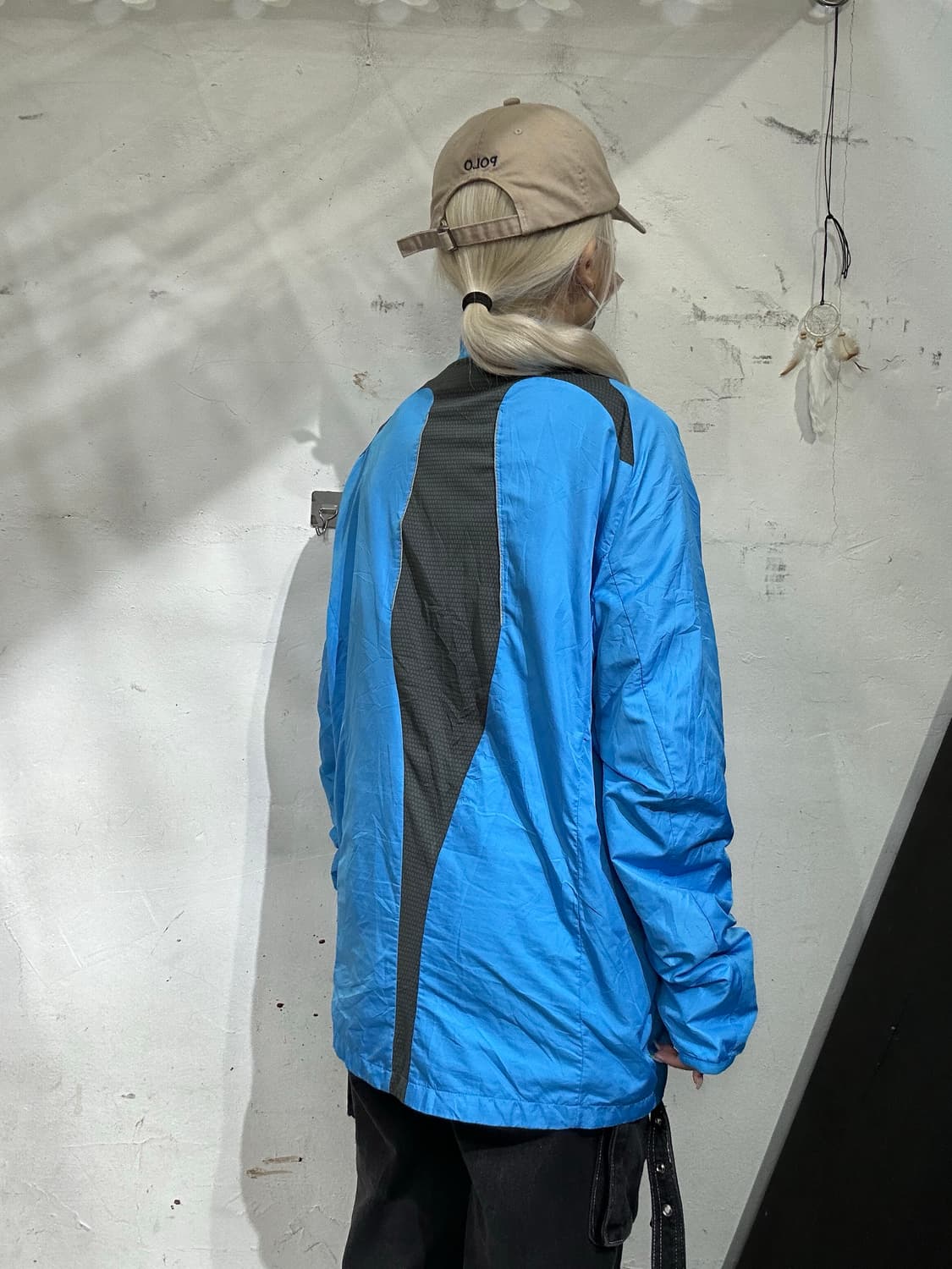 아디다스 블루 오버핏 블랙 로고 올드스쿨 바람막이 자켓 XL 상품이미지3