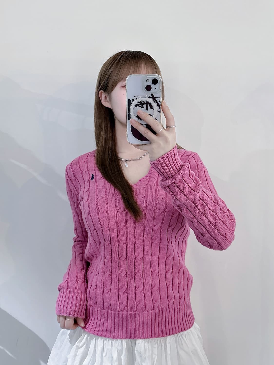 폴로랄프로렌 네이비포니 핑크 브이넥 케이블 니트 상품이미지2