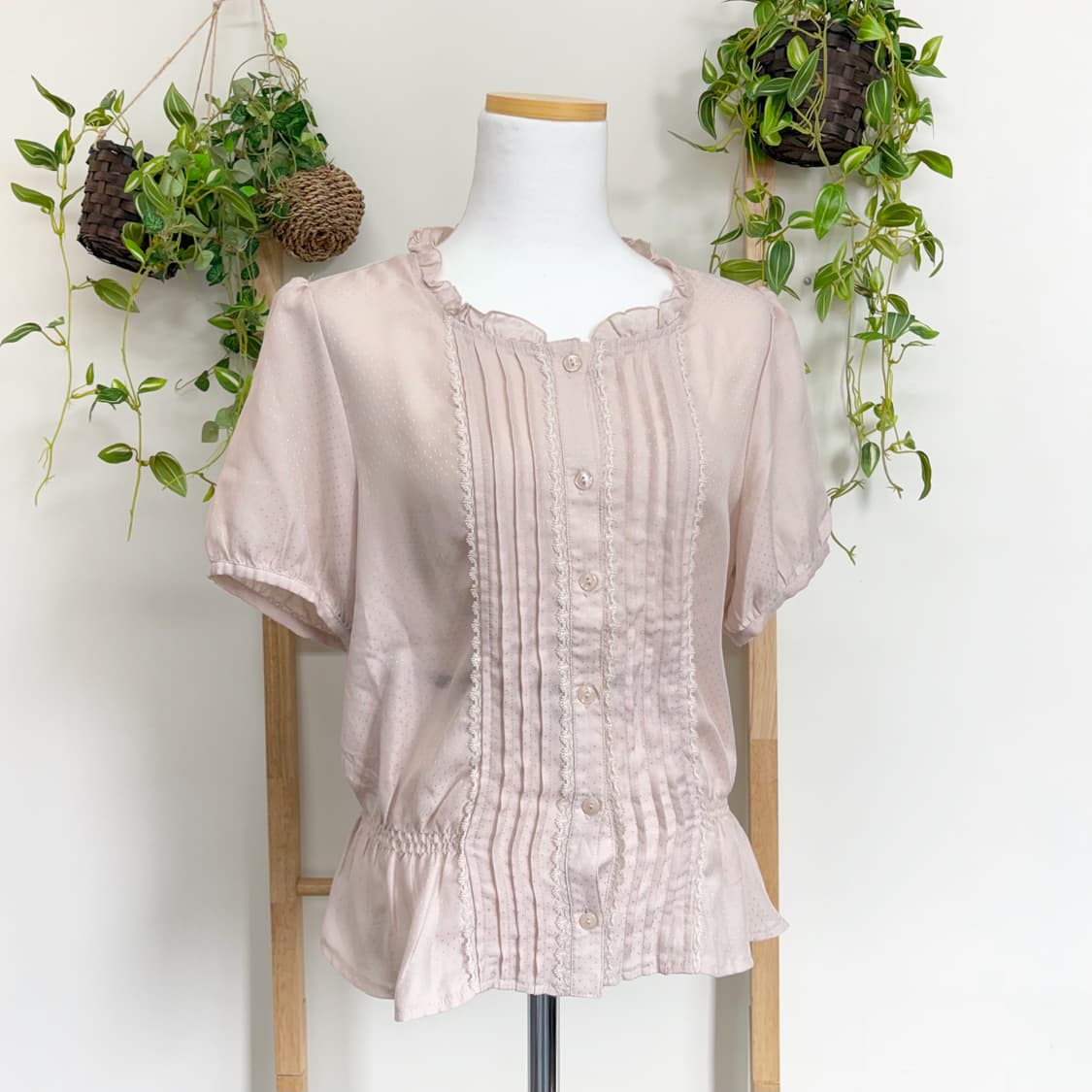 JPN/ 핑크 레이스 블라우스 반팔 셔링 반팔블라우스 모리걸블라우스 상품이미지1