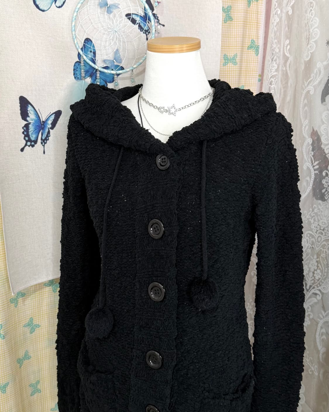 블랙 뽀글이 폼폼 후드 가디건 상품이미지2