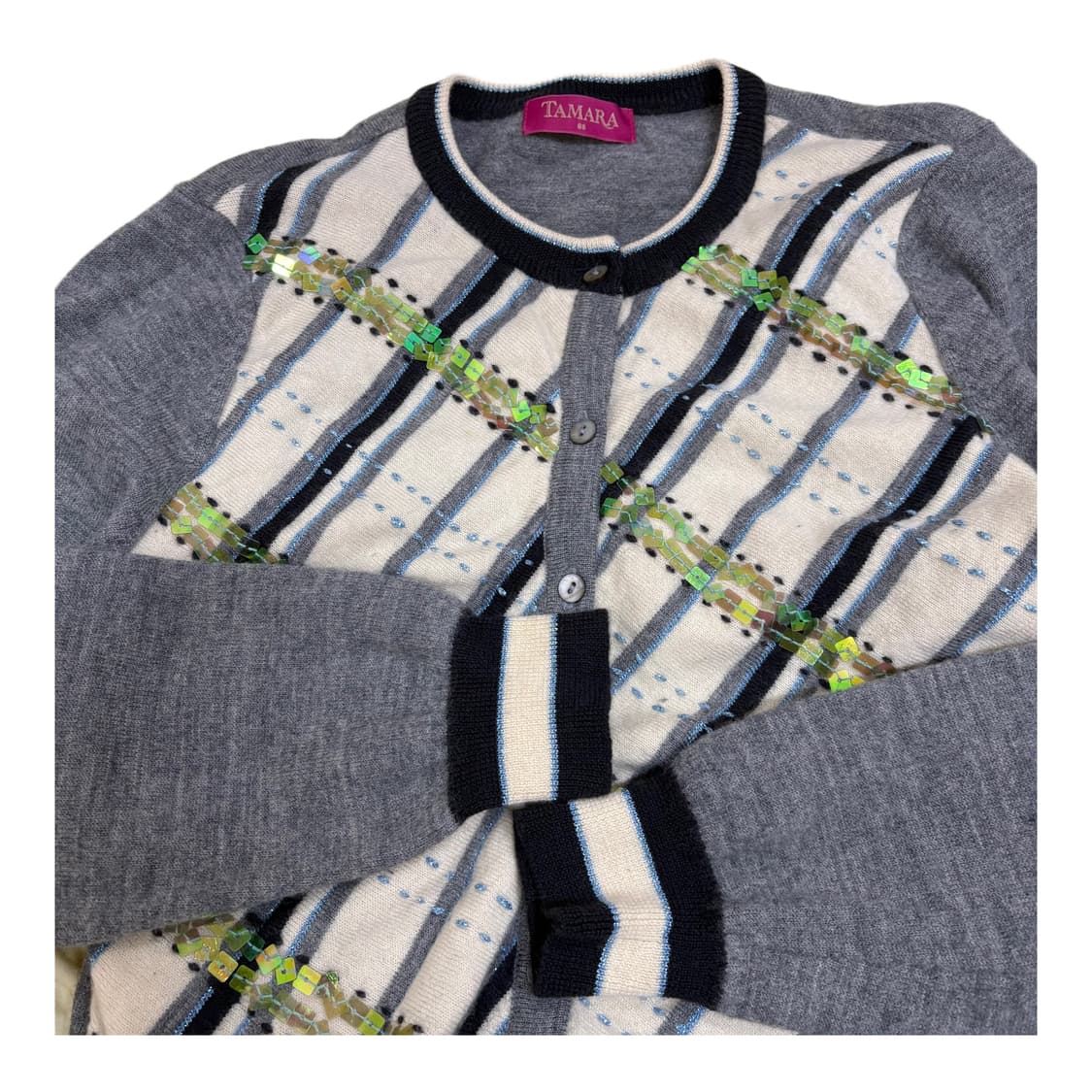 빈티지 그레이 스팽글 체크 패턴 가디건 상품이미지3