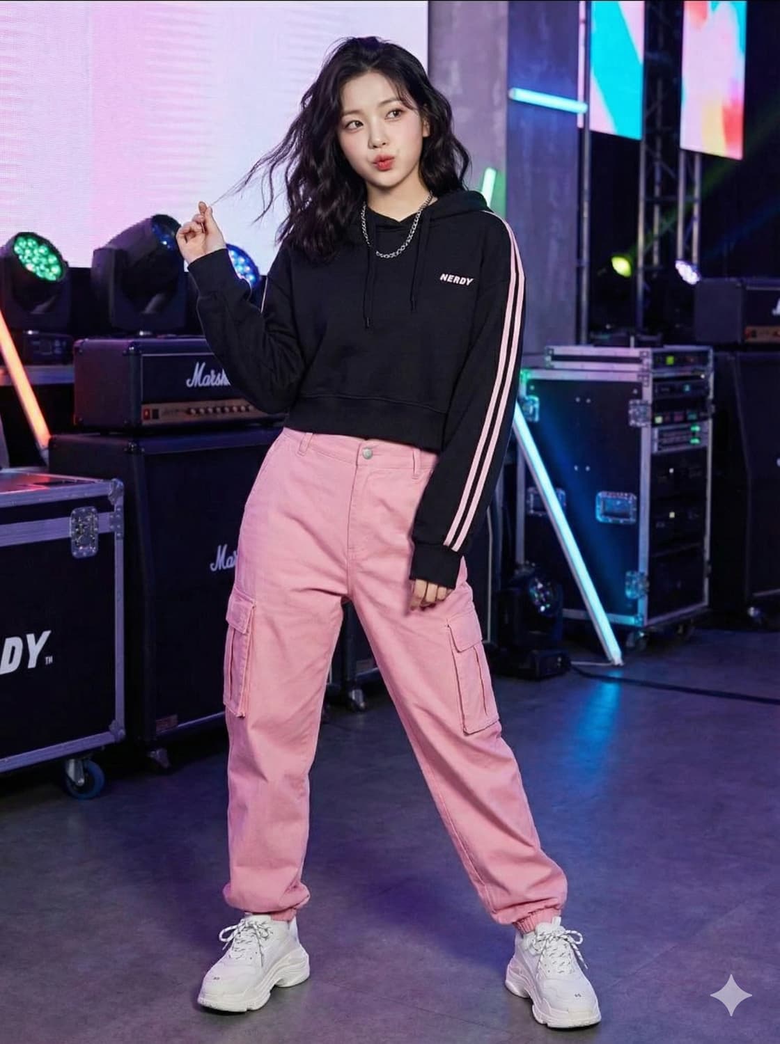 널디 NERDY 검정색 핑크라인 크롭 후드티_S 상품이미지1