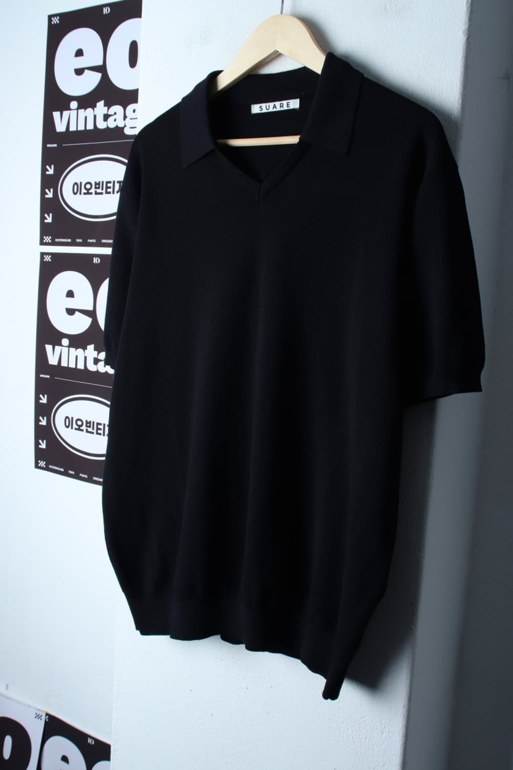 (L-XL) 수아레 반팔 카라 티셔츠 브이넥 니트 블랙 무지-H32613 상품이미지1
