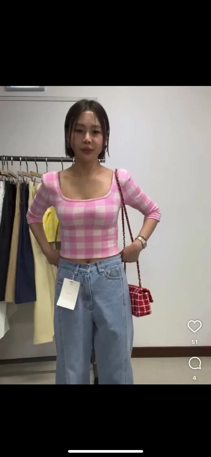 살롱드매그 체크 스퀘어 니트 티 노랑, 분홍 상품이미지5