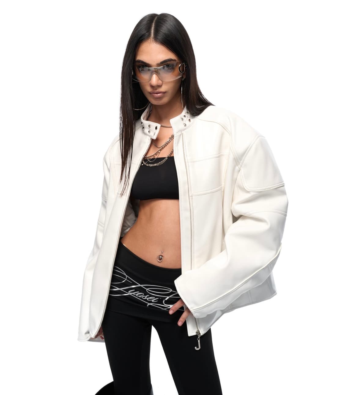 JYOSEI 화이트 모토사이클 레더 자켓 상품이미지1