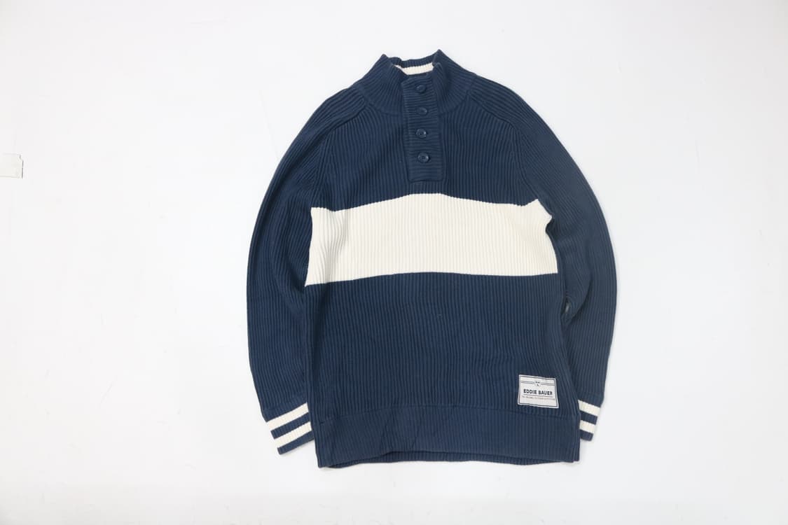 에디바우어 빈티지 네이비 화이트 배색 버튼 하프넥 니트 (L) 상품이미지2