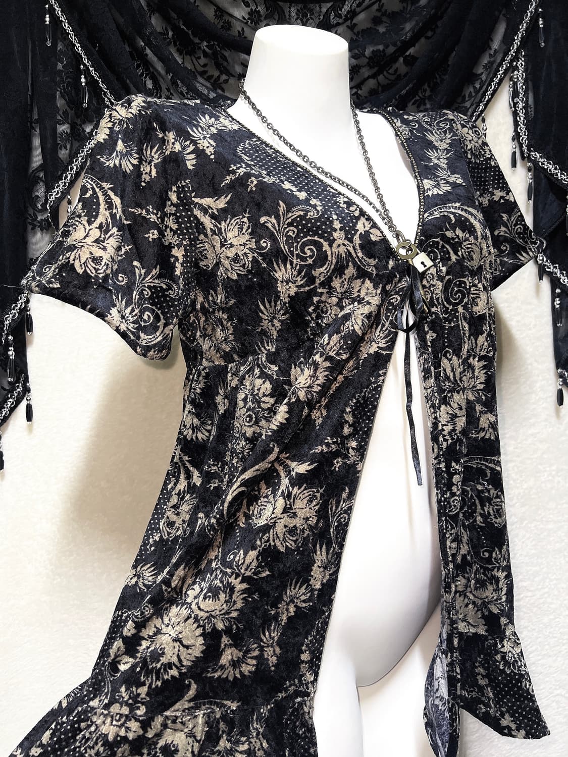 오리엔탈 페어리그런지 빈티지 플라워패턴 벨벳 로브가디건 핀터 고딕 고스 상품이미지2