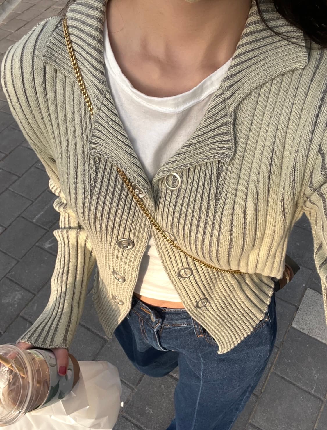 마뗑킴 스냅 카라 니트 가디건 올리브 상품이미지1
