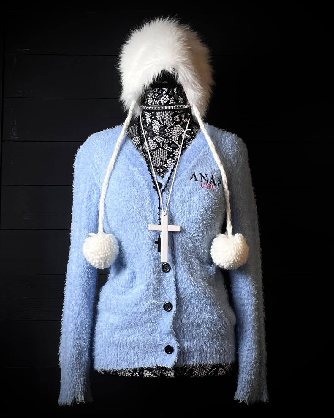 JPN 앙고라 퍼 레터링 하늘색 블루 가디건 상품이미지1