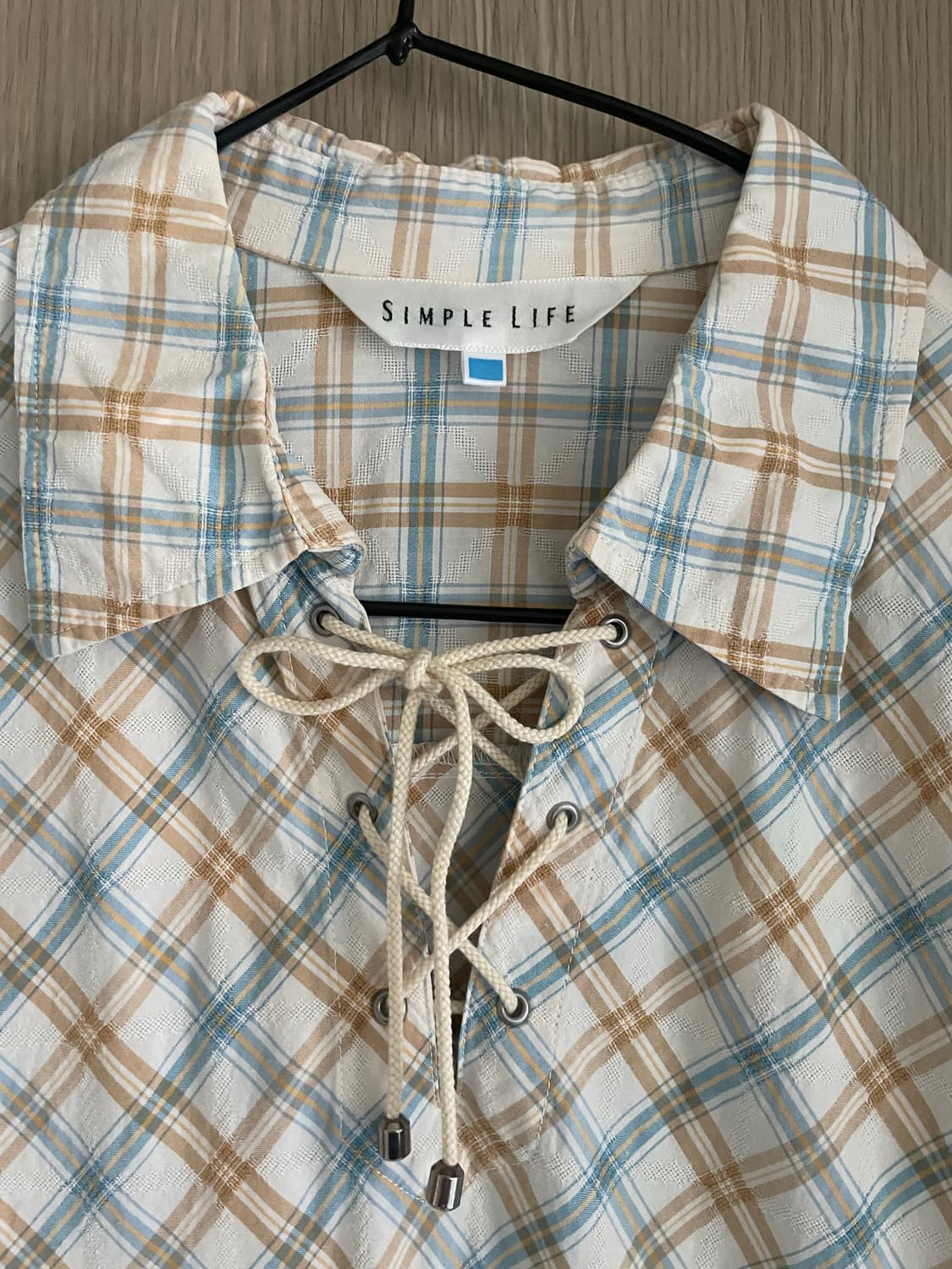 Simple Life 모리걸 하구미 체크 아일렛 칠부 셔츠원피스 상품이미지1