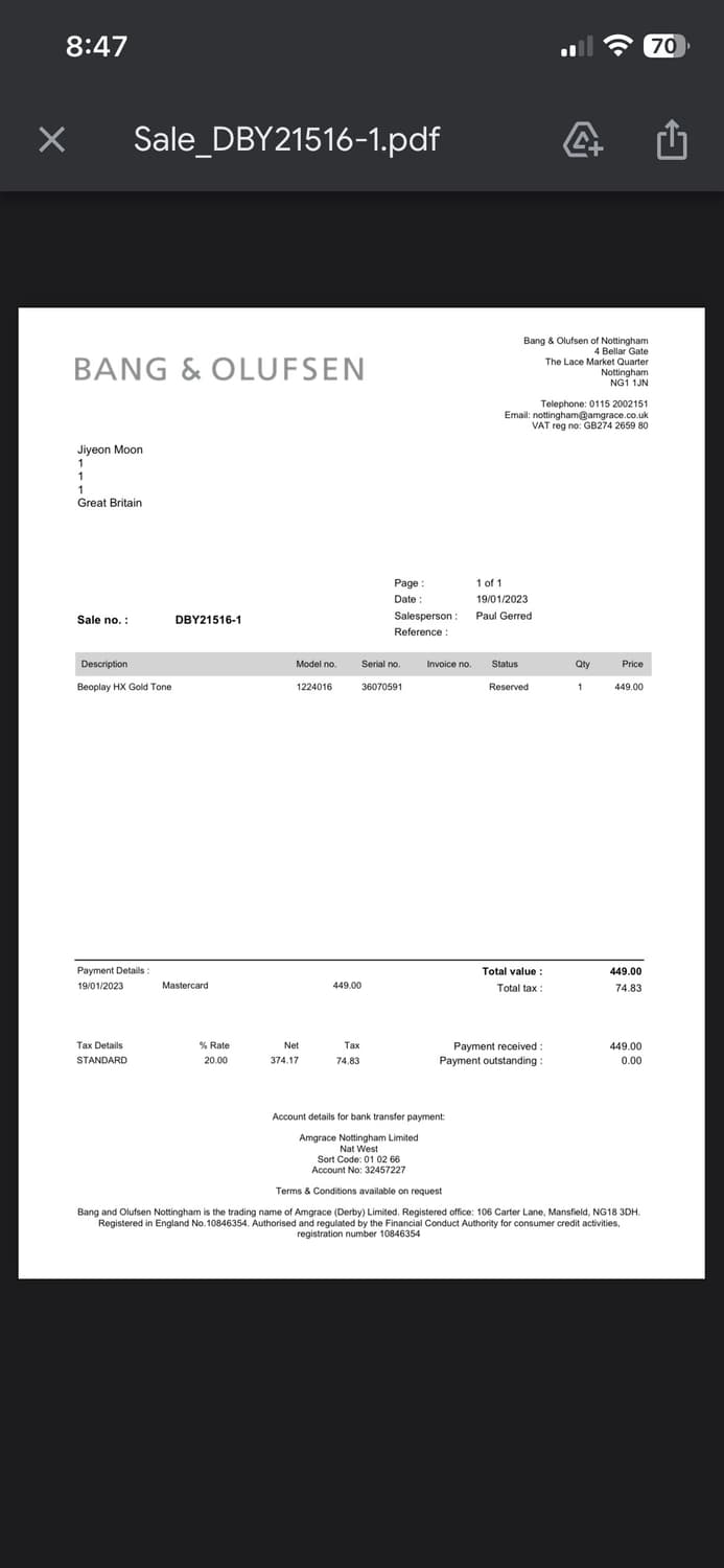 뱅앤올룹슨 베오플레이 HX 블루투스 무선 헤드폰 샌드 골드 상품이미지8