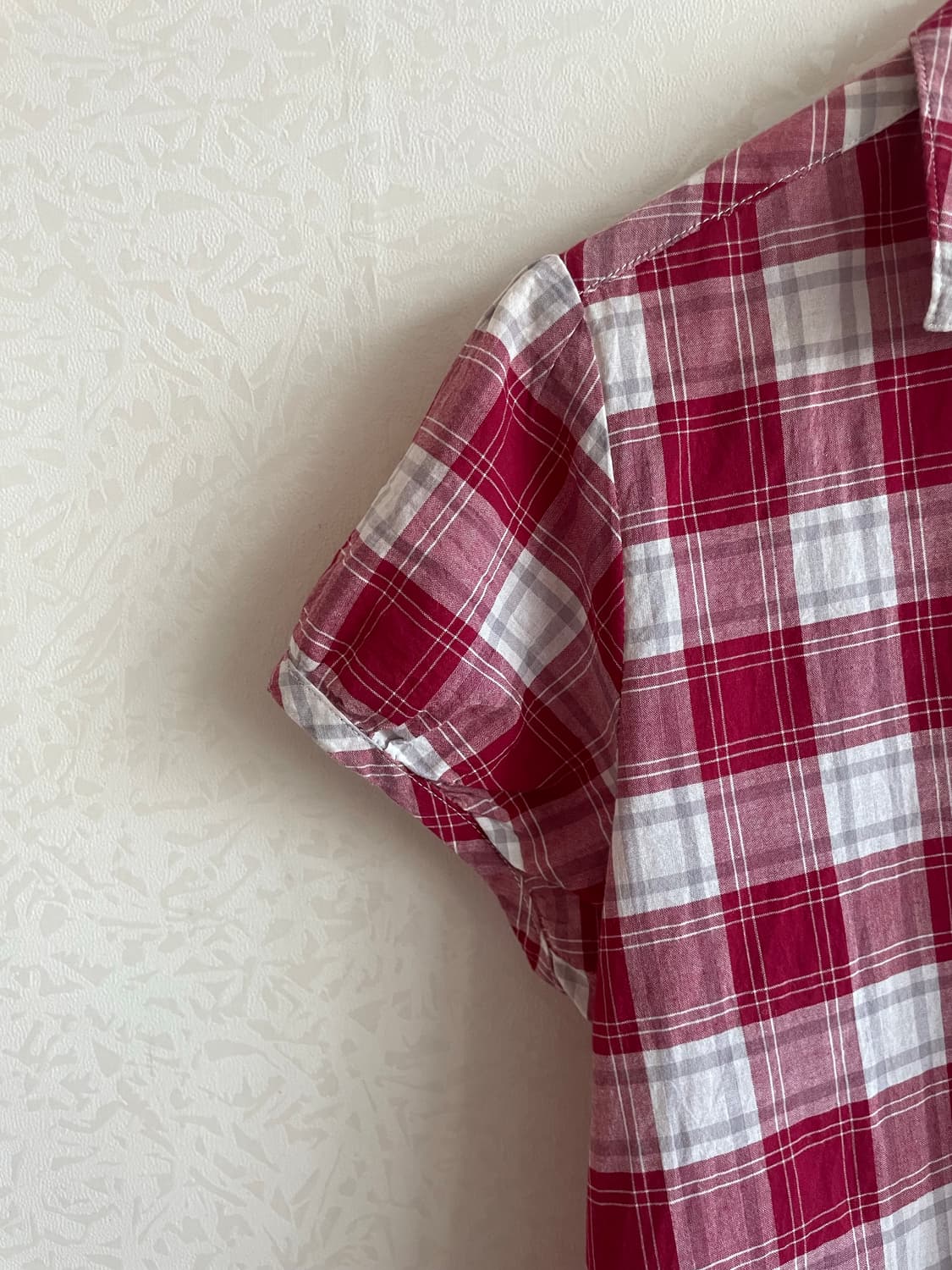 일본 빈티지 레드 체크 반팔 롱 셔츠 상품이미지5