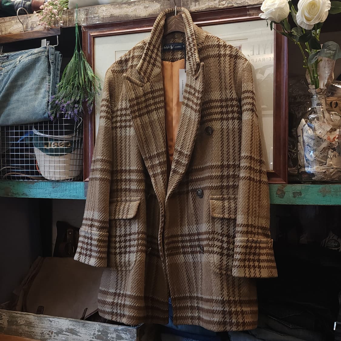 90s 폴로 랄프로렌 울코트 점보 하운드투스 패턴 더블 코트 상품이미지2