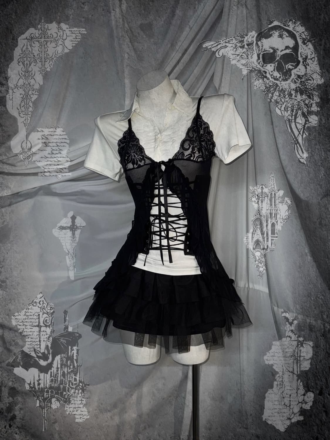 무채색 세라깔 코르셋 화이트 프릴 시스루 코디세트  상품이미지1