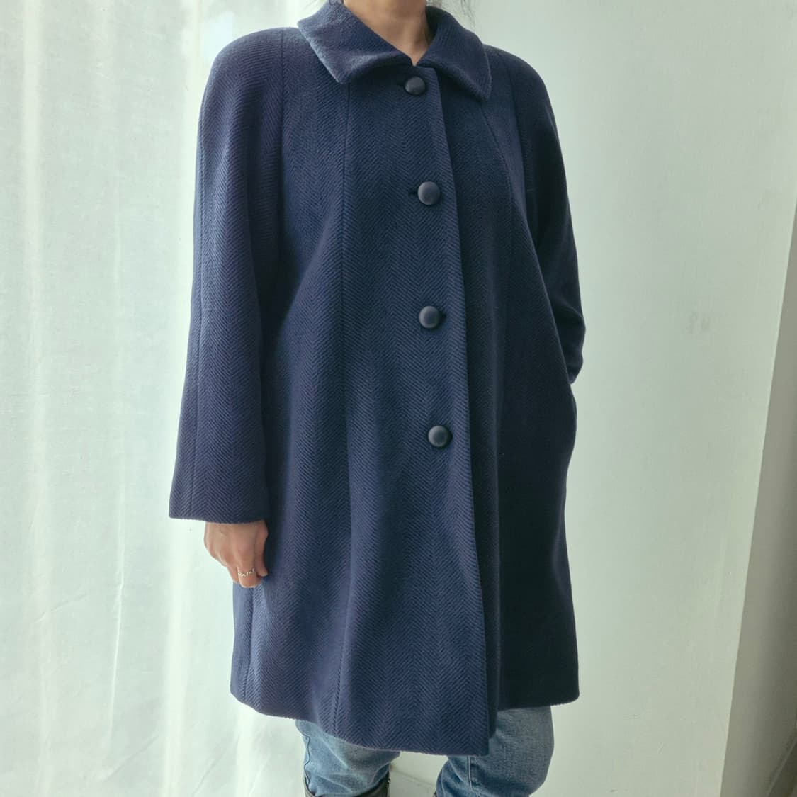 울100 헤링본 네이비 클래식 코트 상품이미지2