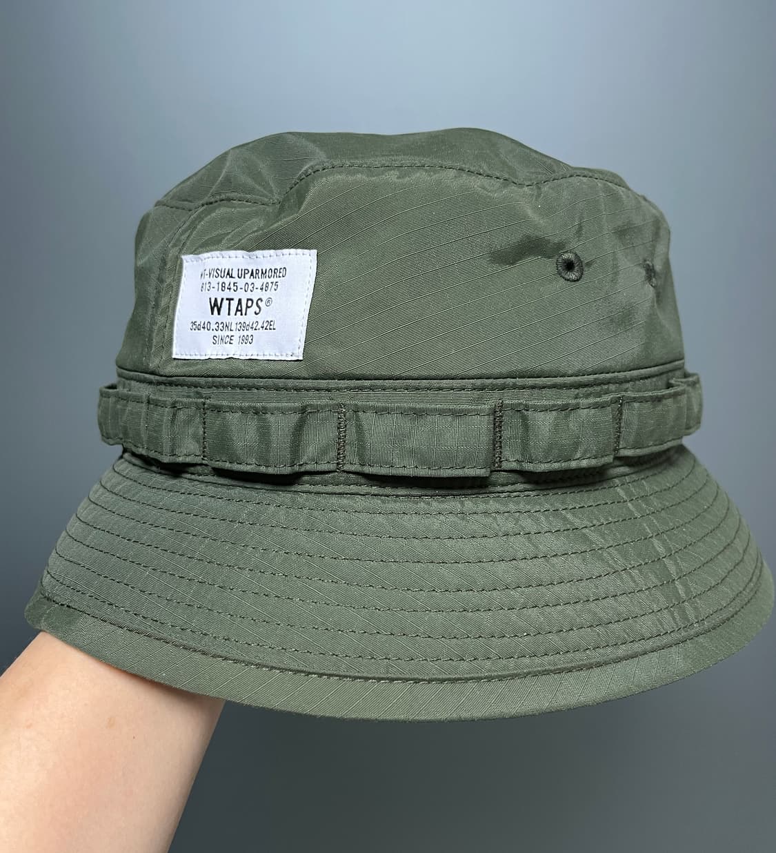 L) WTAPS 더블탭스 립스탑 나일론 버킷햇 올리브 판매. 상품이미지3