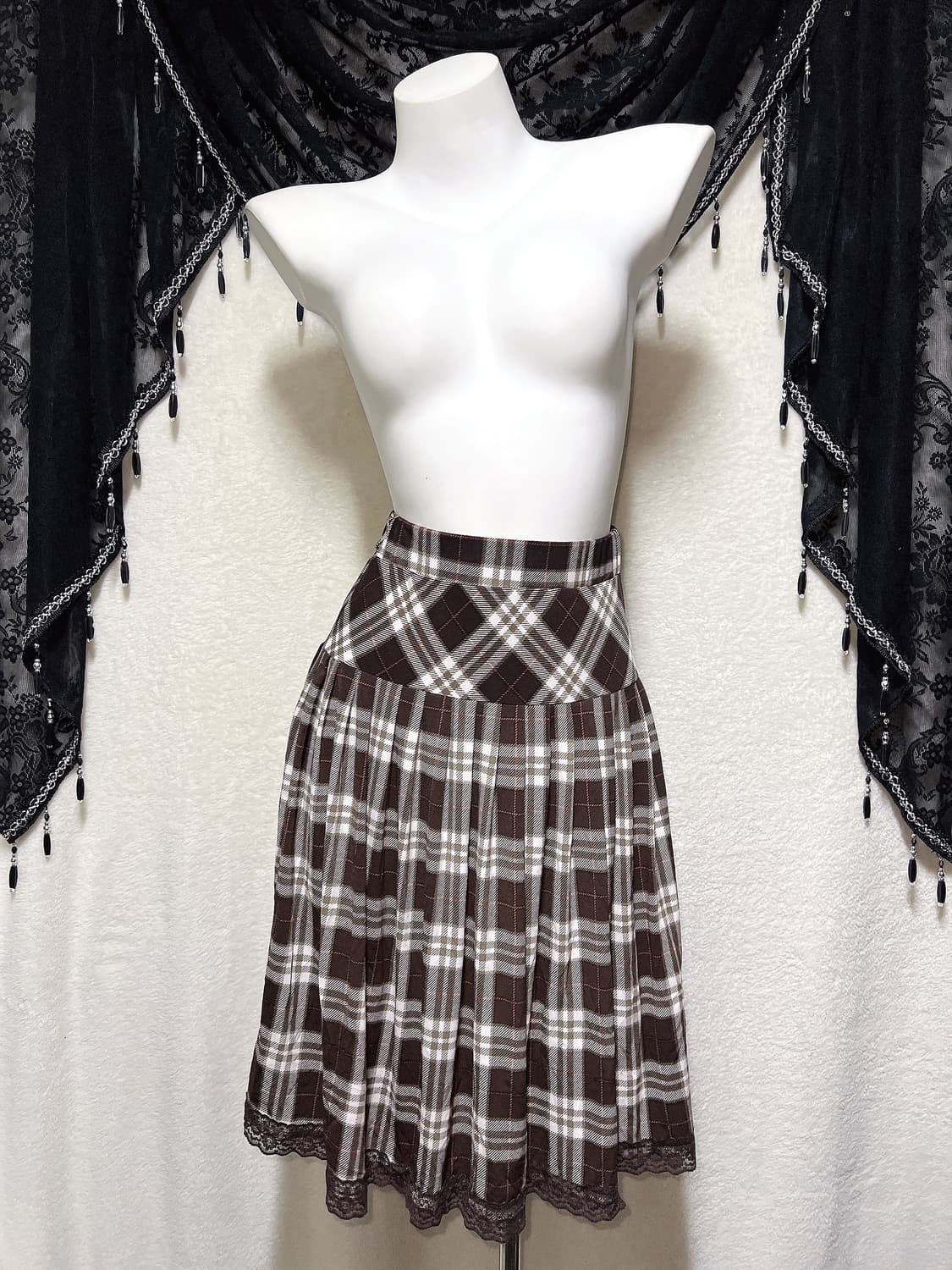 라떼갸루 엑팜깔 브라운 레이스 체크 플리츠스커트 치마 로맨틱 핀터 모리 상품이미지5