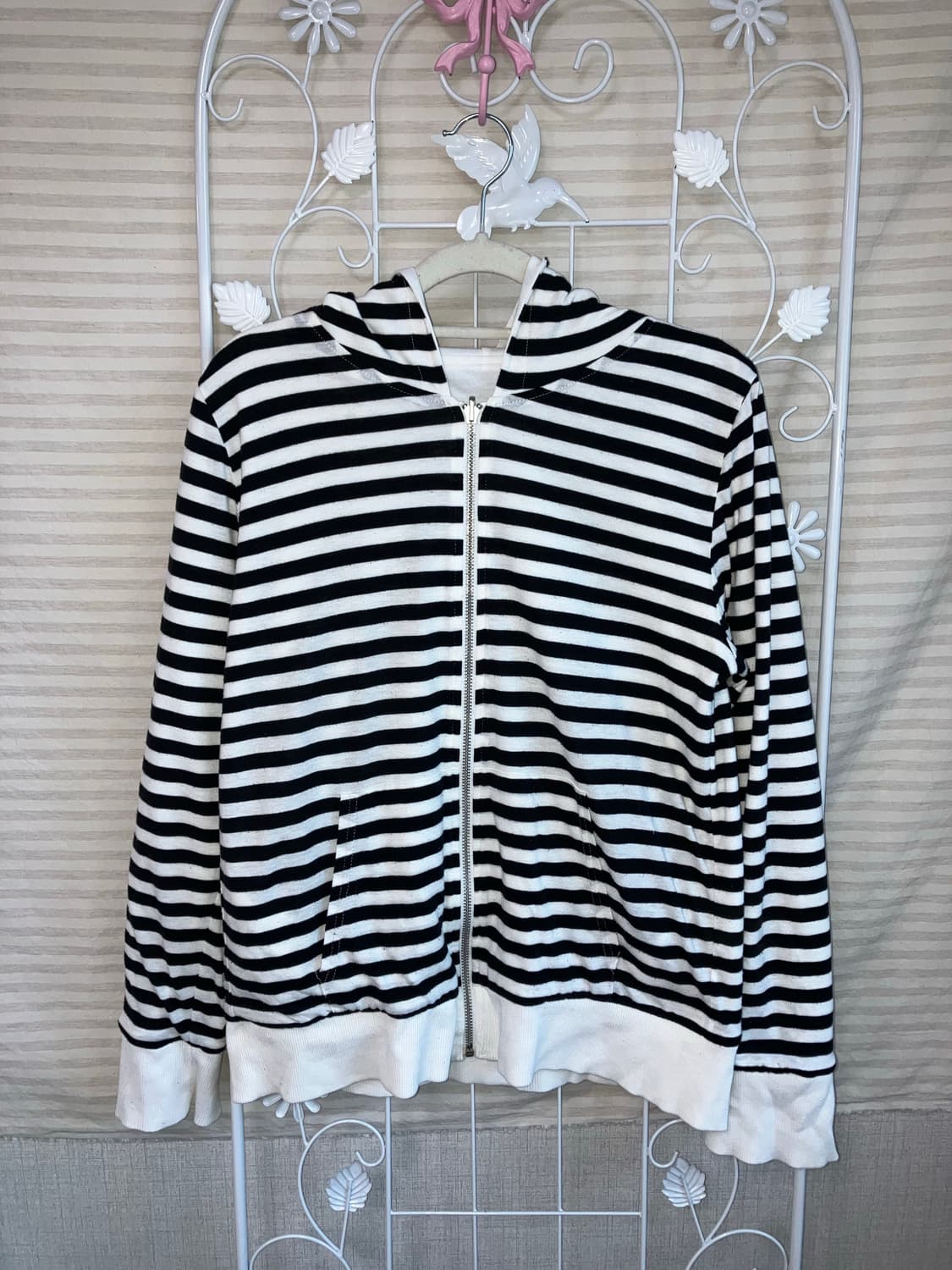 빈티지 블랙 화이트 스트라이프 후드 집업 y2k 스트릿 갸루 펑키  상품이미지1