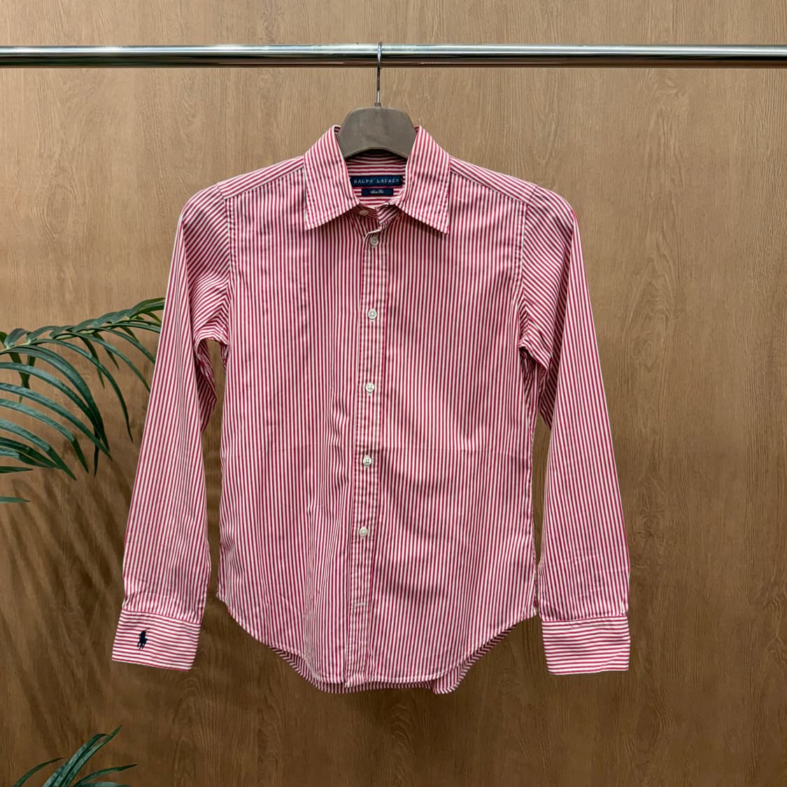 랄프로렌 스트라이프 긴팔 셔츠 클래식 포니 자수 코튼 슬림핏 레드 상품이미지1