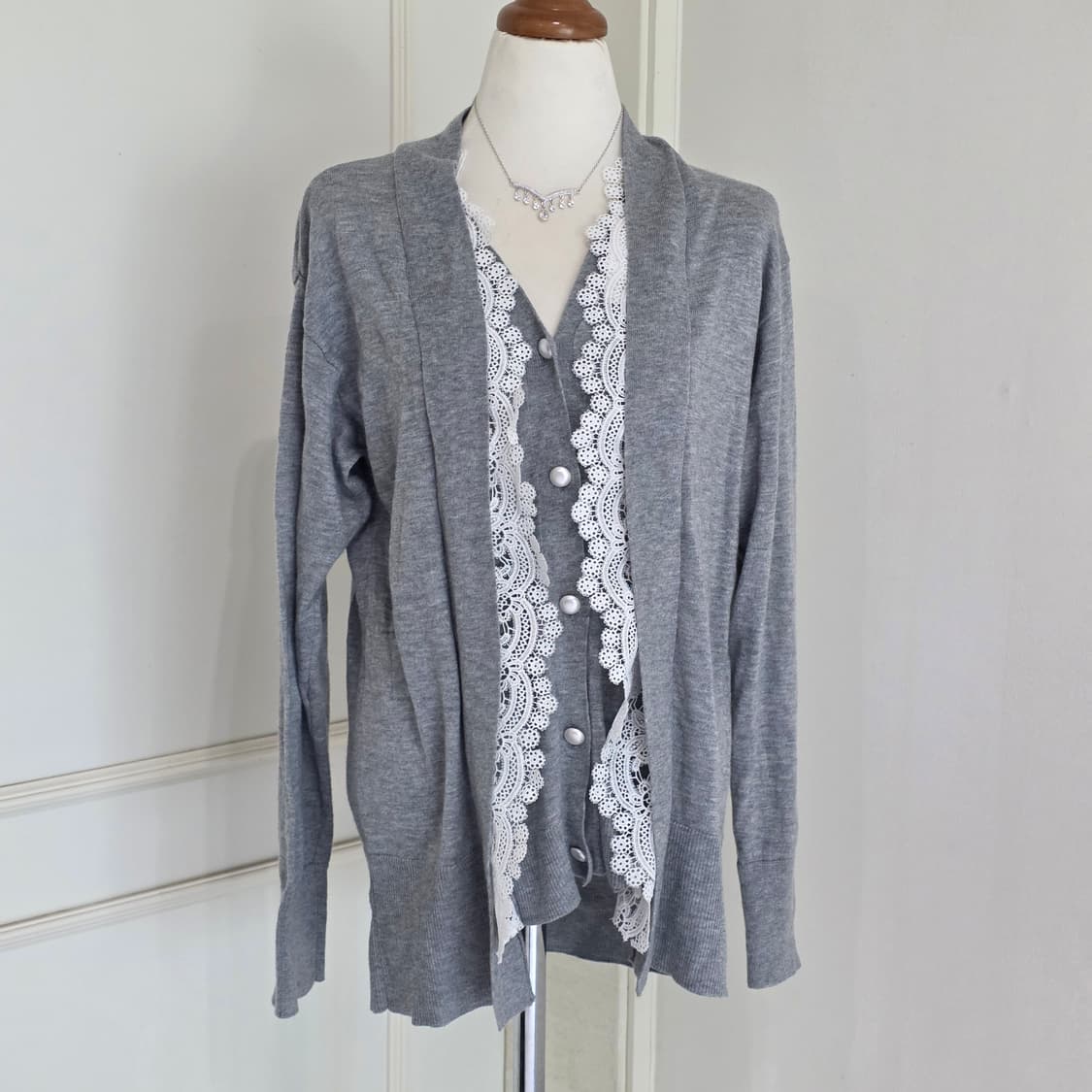일본빈티지)보헤미안 하구미모리걸st 로맨틱 레이스 레이어드 그레이 가디건 상품이미지2