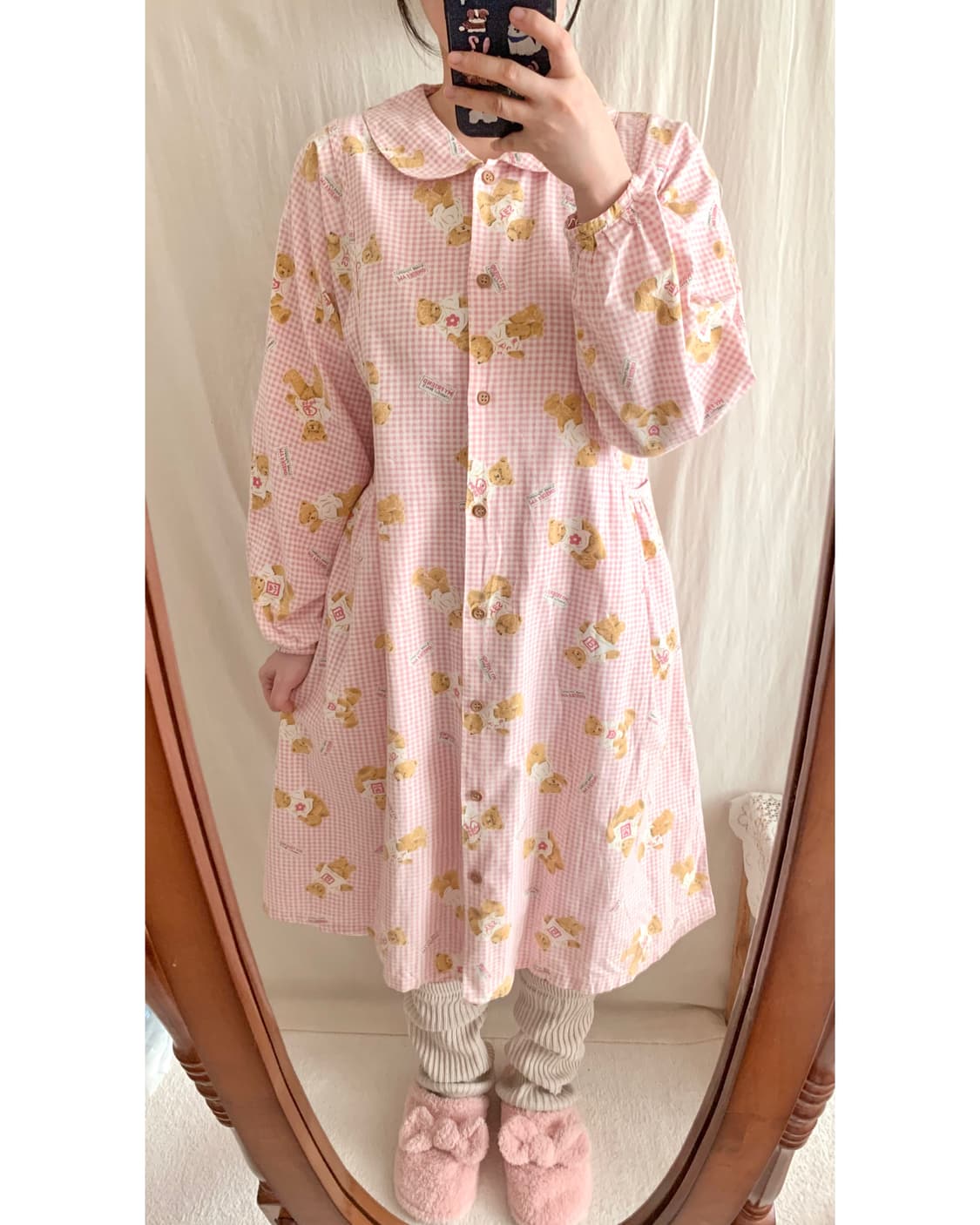 빈티지 핑크 체크 곰돌이 파자마 상품이미지1