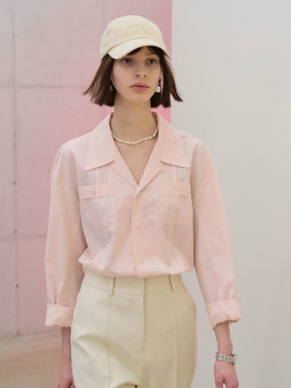 그로브 그로브스토어 유니 절개 카라 피치핑크 셔츠 블라우스 F 상품이미지1