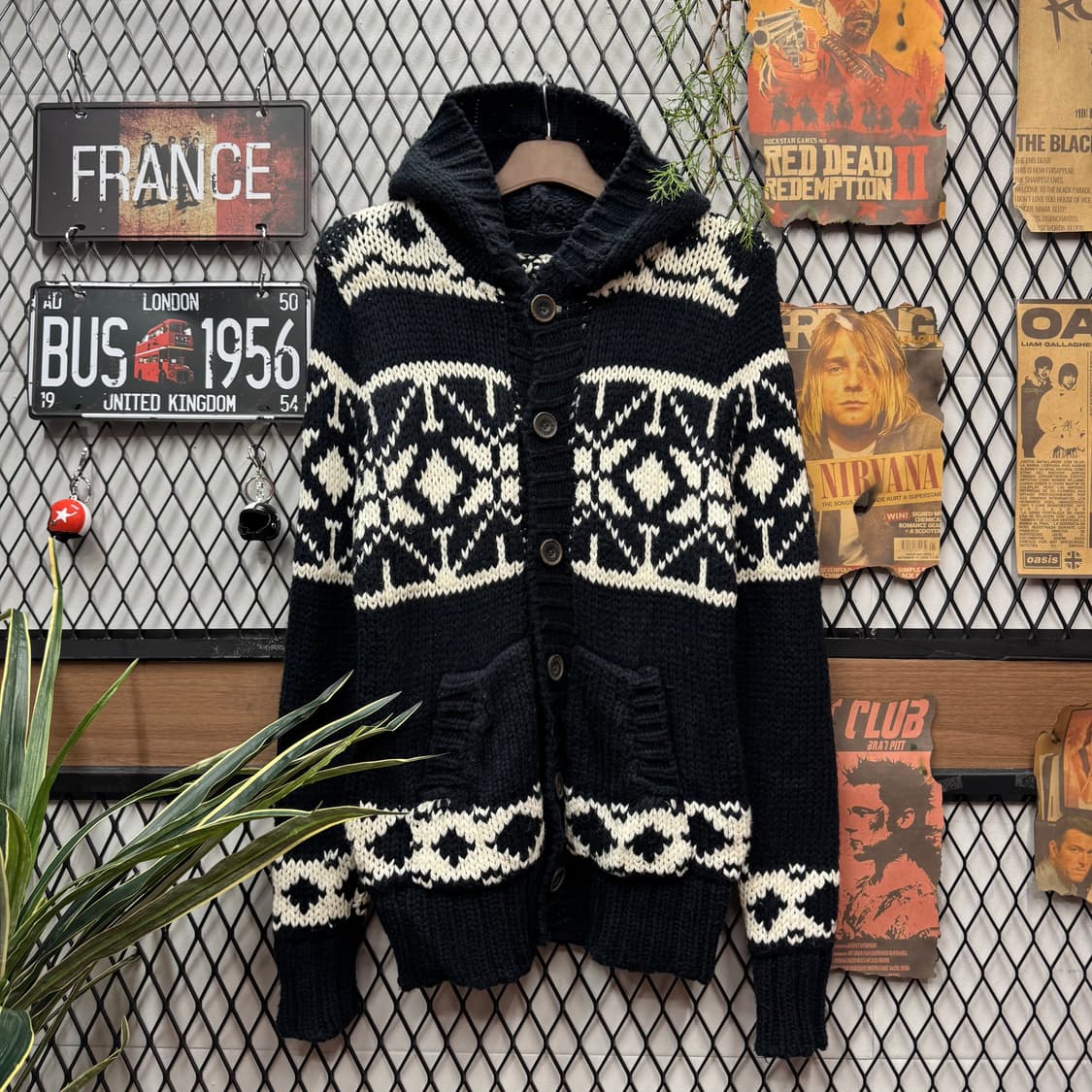 아베크톰비 후드 가디건 노르딕 패턴 투포켓 디테일 블랙 화이트 상품이미지1