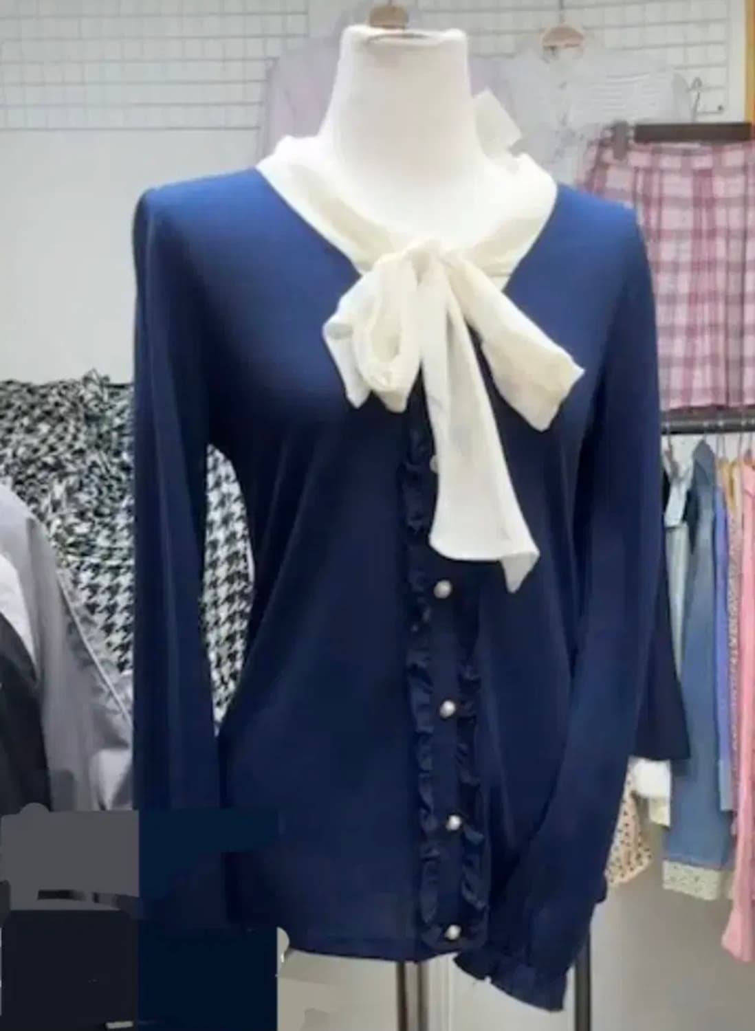 axes femme 엑시즈팜 리본 블라우스 네이비 러블리 히메갸루 빈티지 상품이미지2