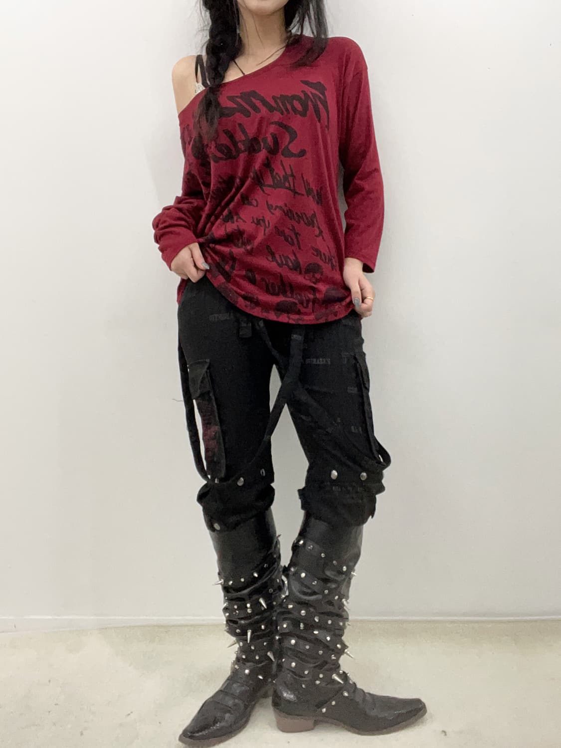 punk skull printing Red U-neck T-shirt 상품이미지1