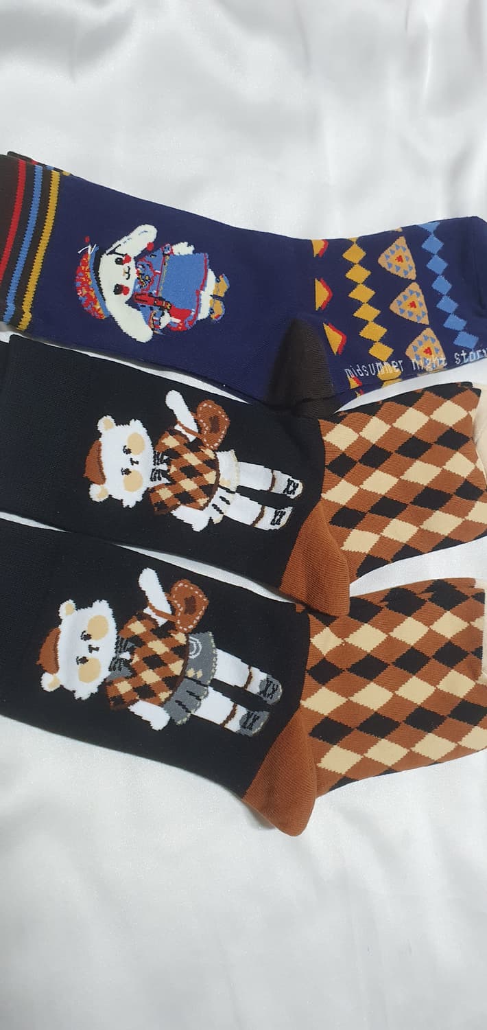 네이비 브라운 고양이 체크 양말 상품이미지3