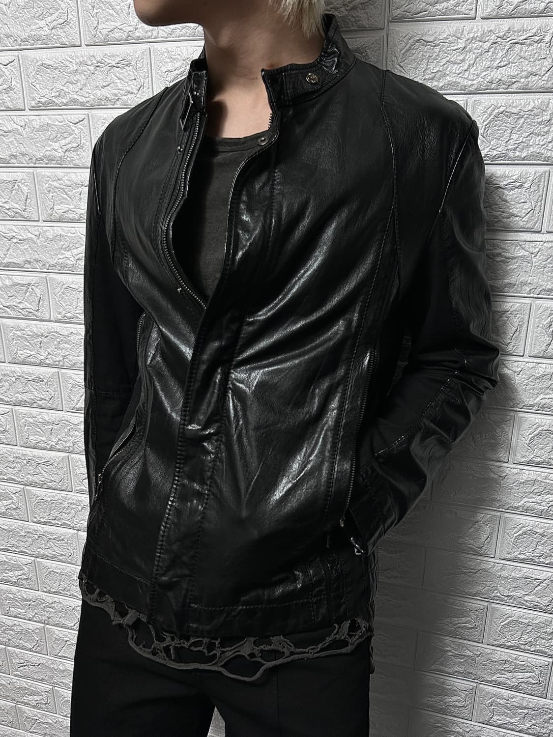 래노마 믹스드 판넬 램스킨 자켓 상품이미지1