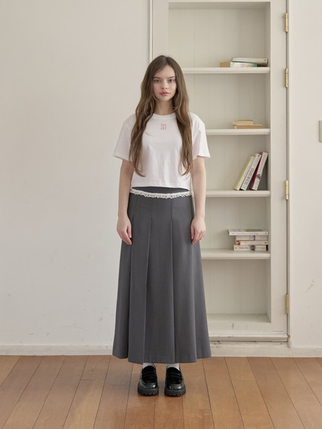[1회 착용] 미에르꼴레스 레이스 플리츠 롱 스커트 그레이 회색 S 상품이미지2