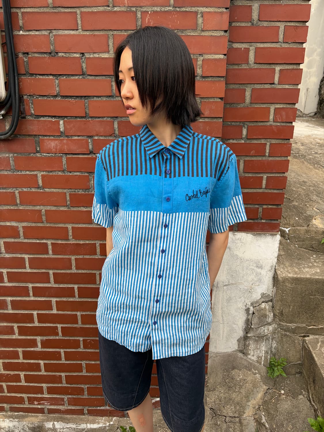Castelbajac 린넨 블렌드 스트라이프 반팔 셔츠 M 상품이미지3
