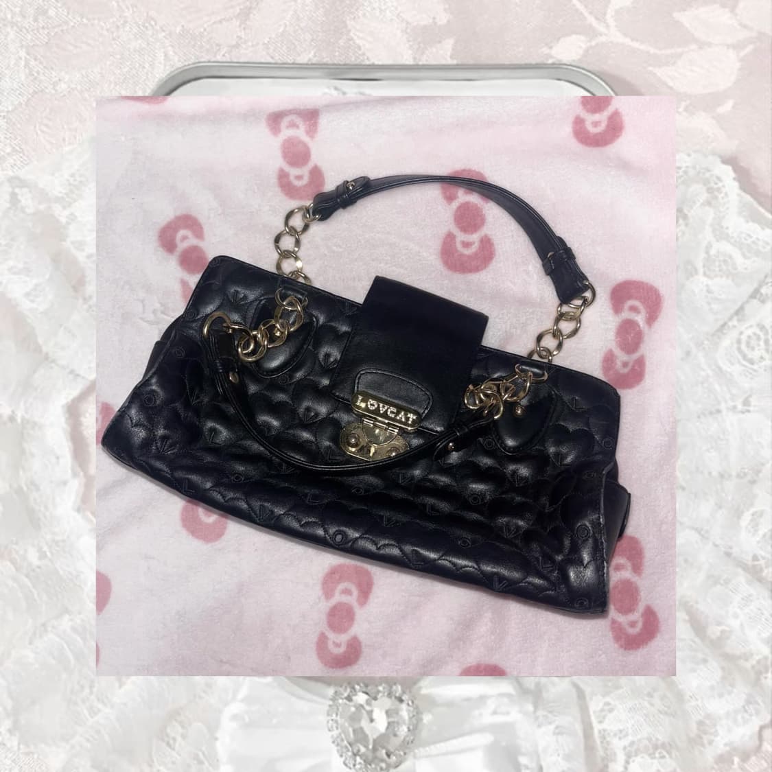 대대장 빈티지 러브캣 블랙 퀄팅 큐빅 체인 토트백 상품이미지4