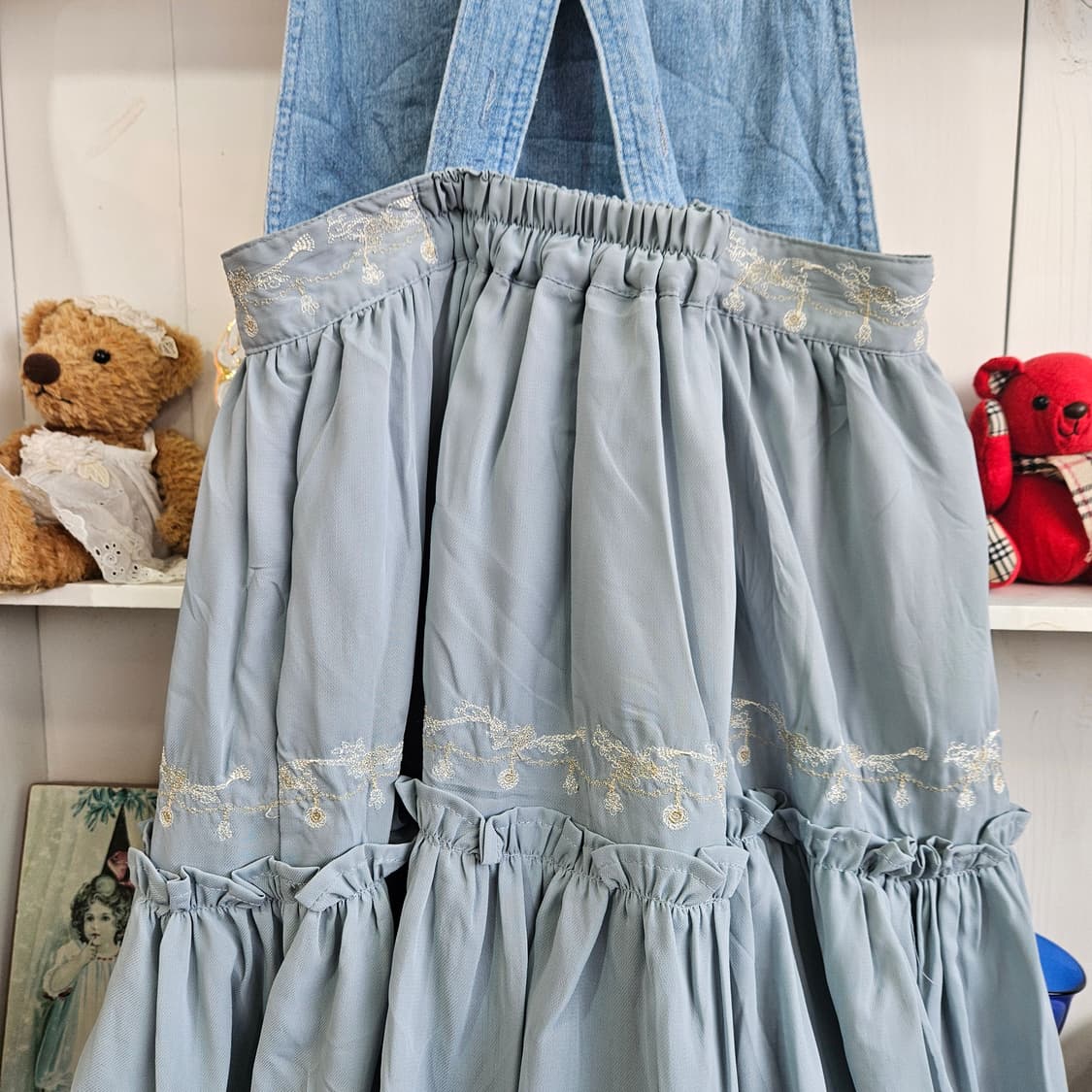 (Axes Femme) 하늘빛 데님 쉬폰 멜빵 롱원피스 상품이미지7