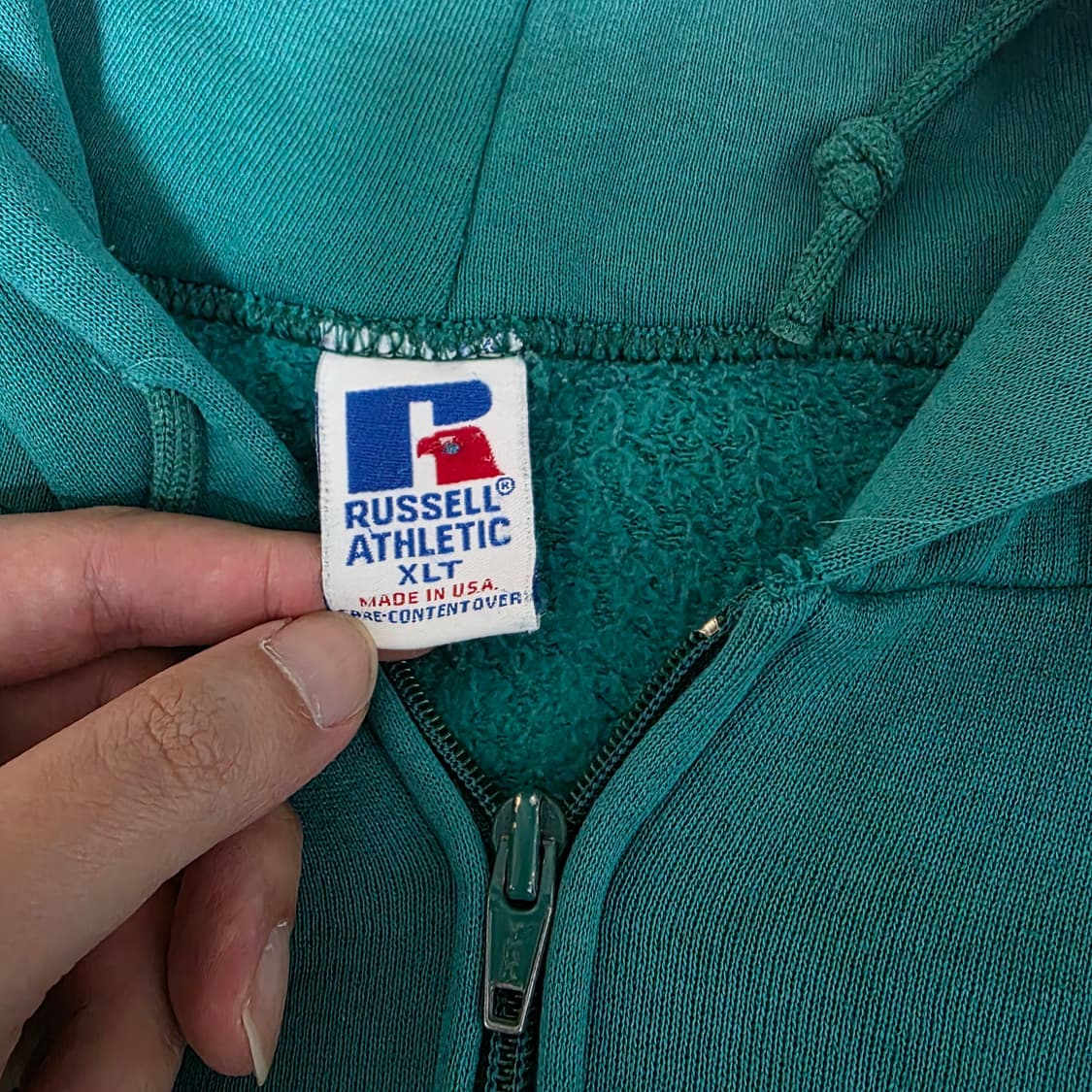 [XLT] 90s 빈티지 러셀 애슬레틱 후드 틸그린 하드워시드 페이드 상품이미지7
