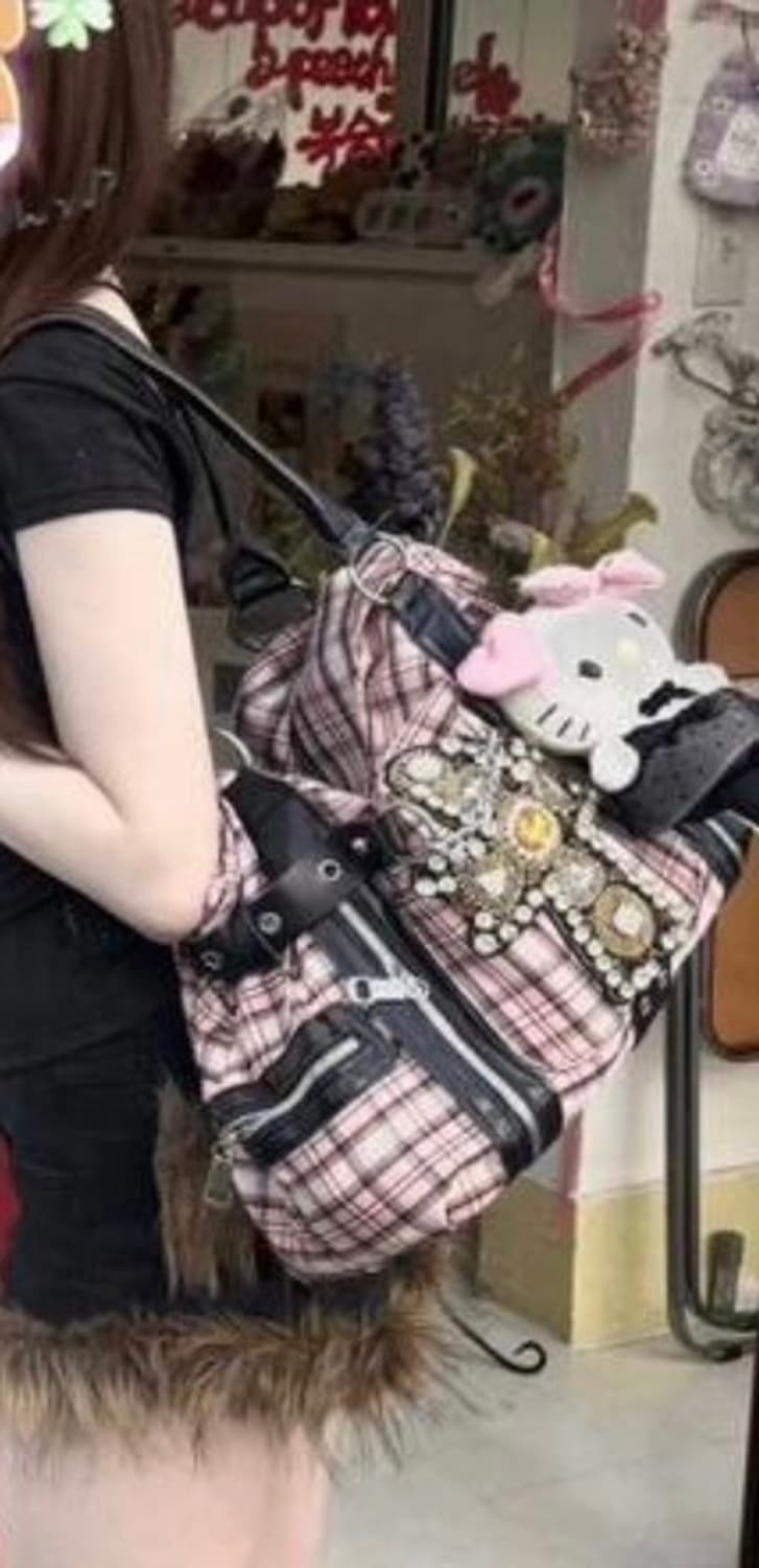 Y2k 갸루 펑크 핑크 체크 백 가방 상품이미지1