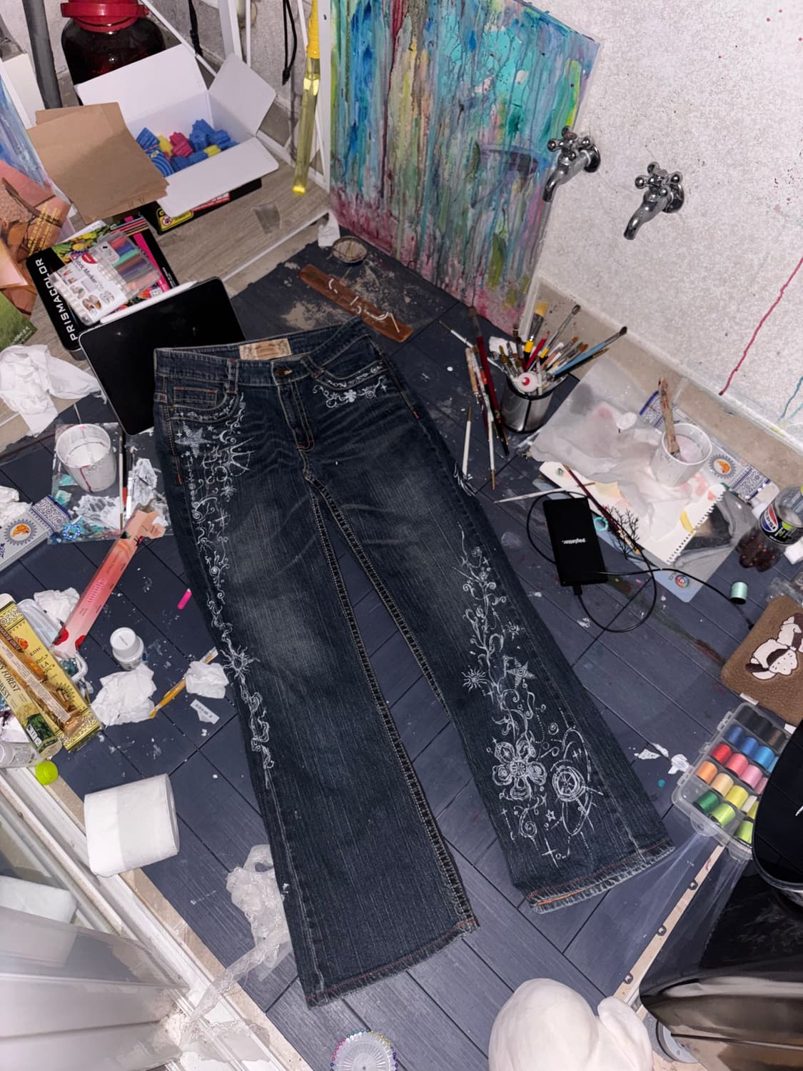 일본빈티지 비즈 프린팅 커스텀 데님팬츠 상품이미지2