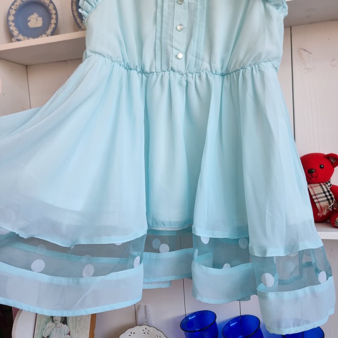 Tralala 트랄라라 민트 쉬폰 도트 튜닉 미니원피스 상품이미지3