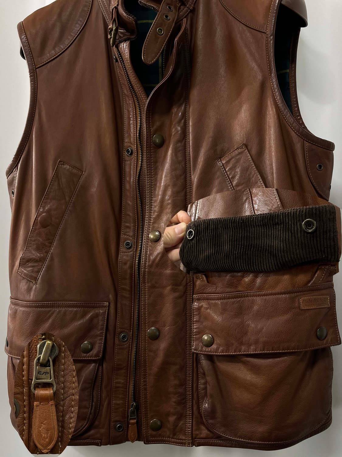 폴로 랄프로렌 카우하이드 브라운 헌팅 레더 블랙와치 베스트 자켓 상품이미지5