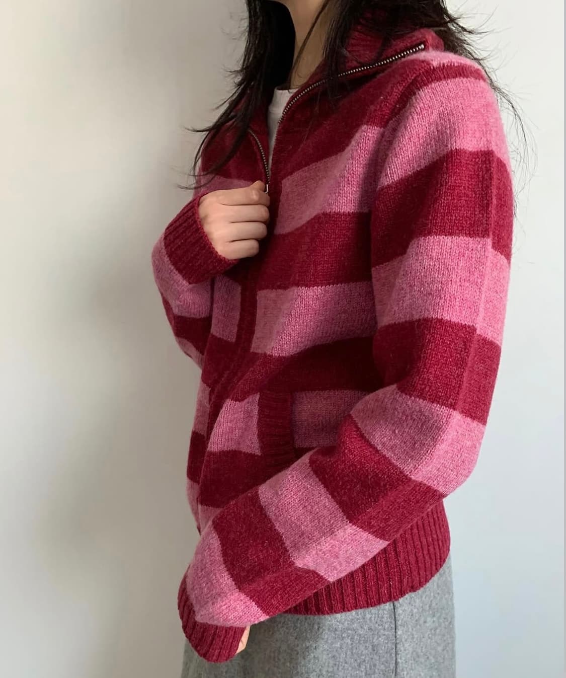 택포) pink high-neck stripe wool cardigan 상품이미지2