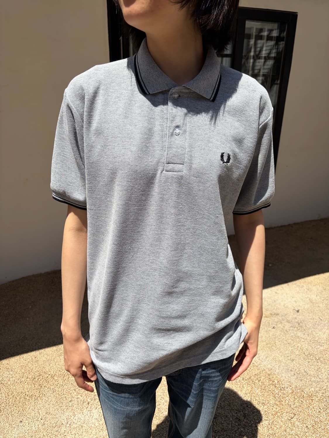Fred perry 그레이 트윈 팁 라인 반팔 카라티 M 상품이미지1