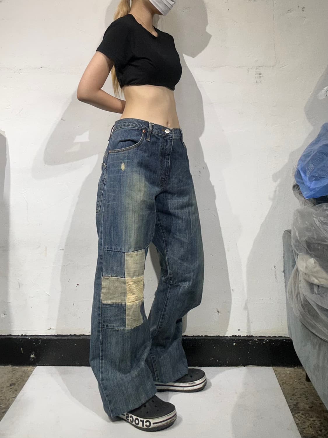 일본 빈티지 중청 패치워크 데미지 워싱 와이드 데님 팬츠 상품이미지1