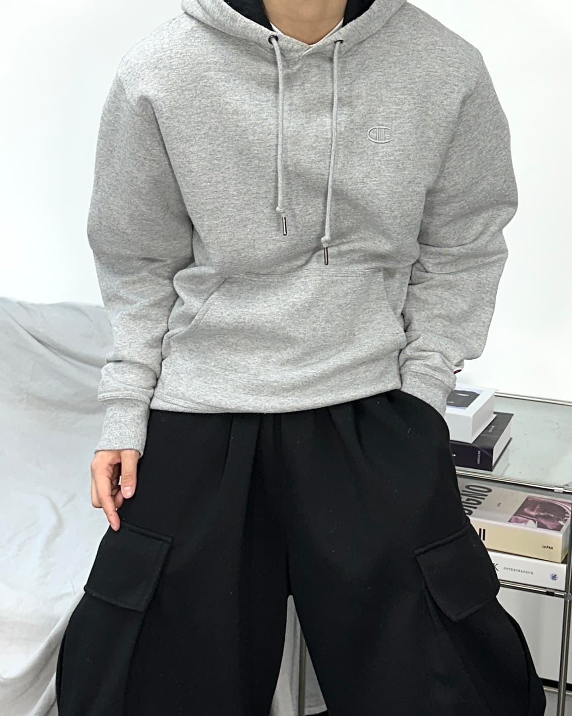 챔피온 그레이 스몰로고 후드티 L 상품이미지2