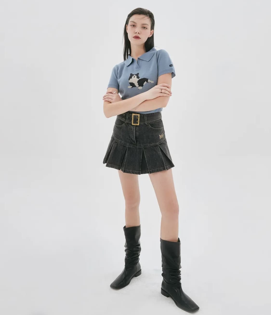 팬시클럽 데님 플리츠 벨트 스커트 상품이미지4