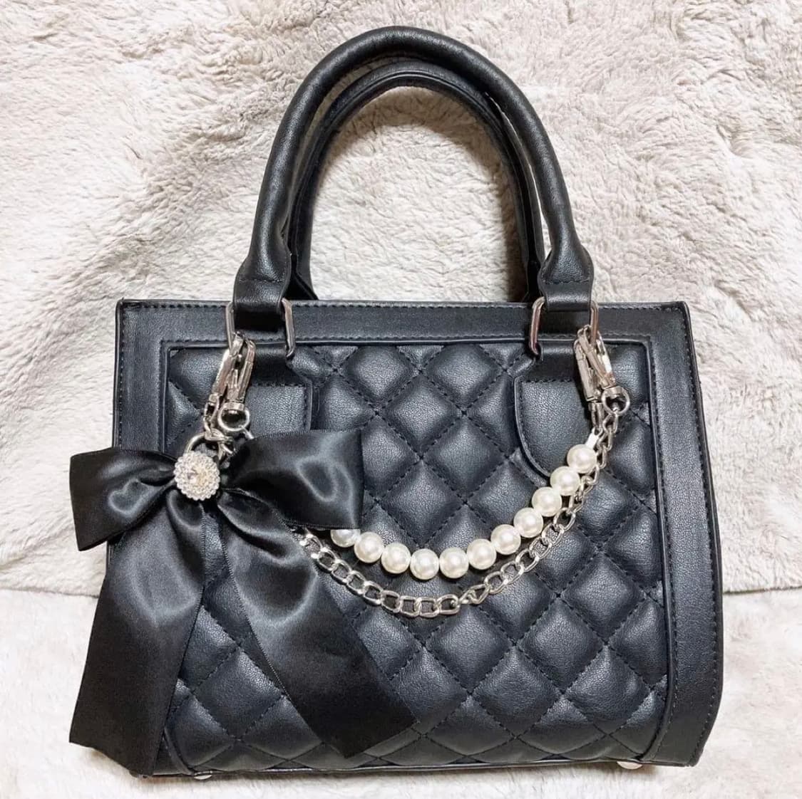 블랙 퀼팅 리본 진주 체인 핸드백 지뢰계 양산형 일본 일브 스나계 가방 상품이미지1